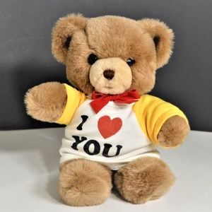 1983 GUND I Love You Tee Shirt Plush Brown Bear 9" Tall Vintage